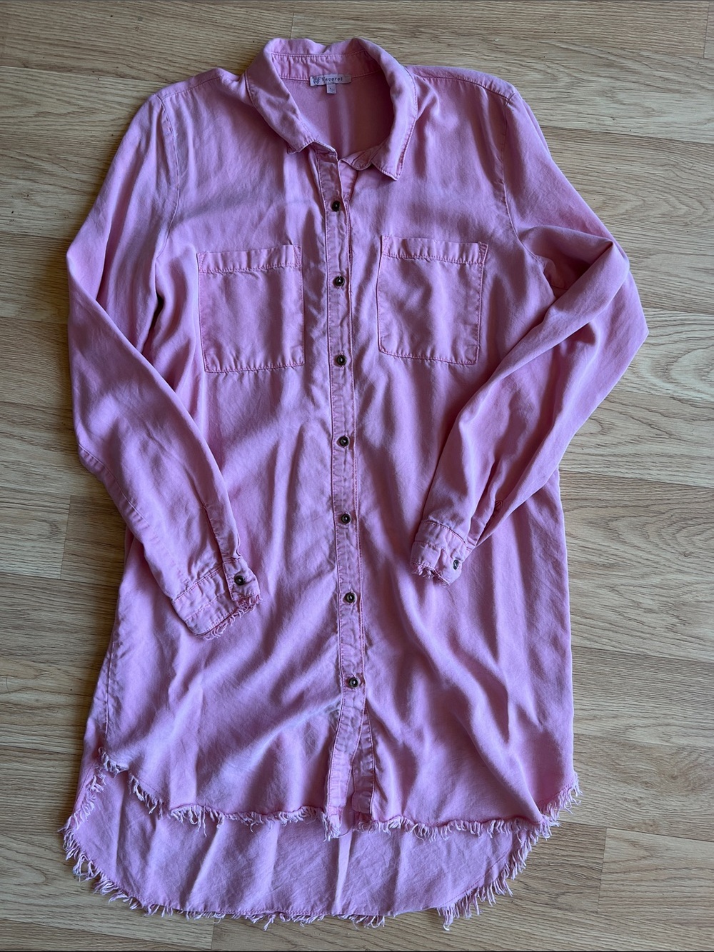 Women’s Dusty Pink Button-Front Long Shirt Dress with frayed hem Sz L